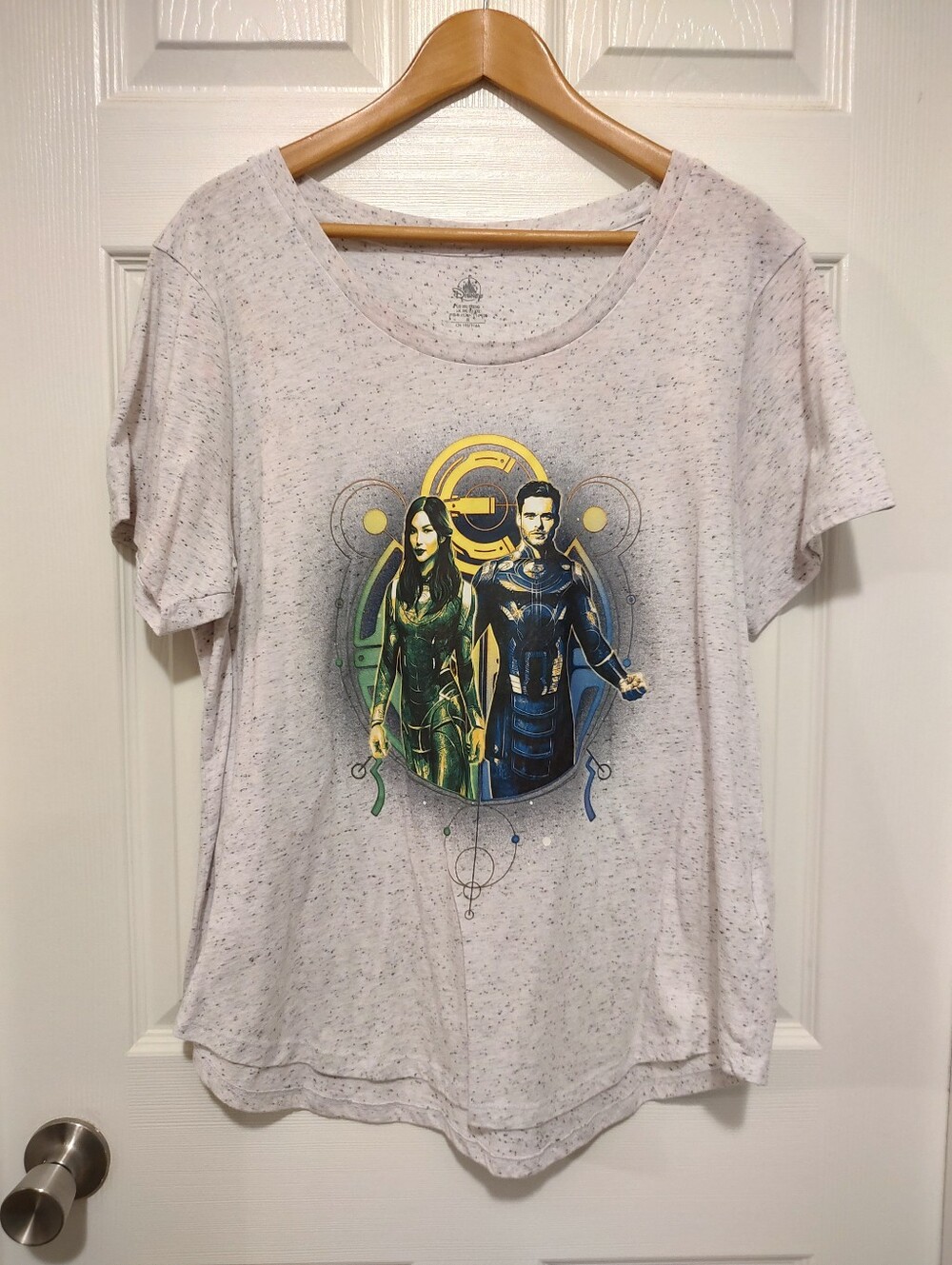 Disney Women's Light Heather Tee with Green & Blue Character Graphic